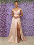 A Line Off Shoulder Pink Split Satin Prom Dress LBQ3175